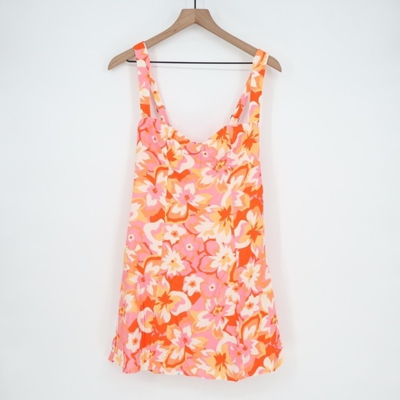 Lulus Ashlea Mini Dress Women Medium Orange Floral Lined Sweetheart Neck Smocked - Picture 2 of 8